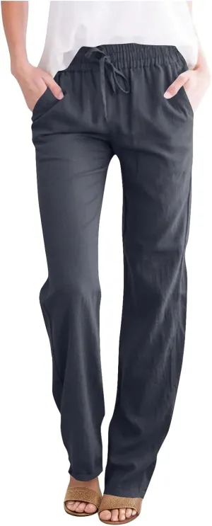 Womens Casual Summer Linen Pants Drawstring Comfy Loose Fit Trousers with Side Pockets Beach Travel Vacation Outfits