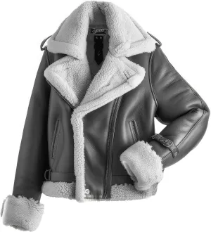 Women’s Charcoal Grey Genuine Sheepskin Shearling Faux Fur Pilot Outfit Warm Zip-up B3 Aviator Leather Jacket