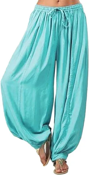 Women's Cotton Linen Baggy Harem Pants Casual Solid Drawstring Elastic Waisted Boho Yoga Hippie Gypsy Aladdin Lounge Trousers