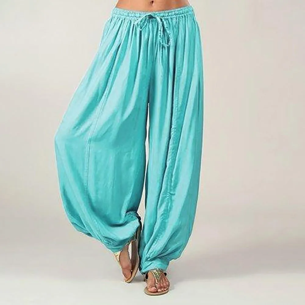 Women's Cotton Linen Baggy Harem Pants Casual Solid Drawstring Elastic Waisted Boho Yoga Hippie Gypsy Aladdin Lounge Trousers