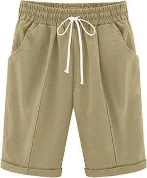Womens Cotton Linen Bermuda Shorts Summer Lightweight Straight Leg Knee Length Beach Short Pants with Drawstring