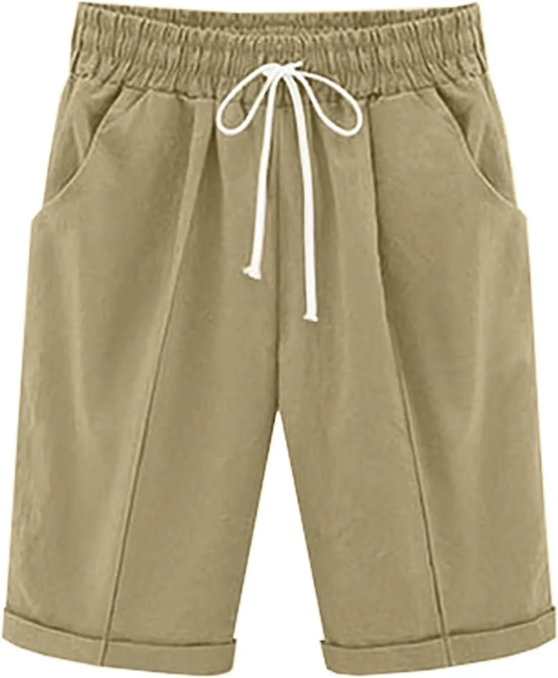 Womens Cotton Linen Bermuda Shorts Summer Lightweight Straight Leg Knee Length Beach Short Pants with Drawstring