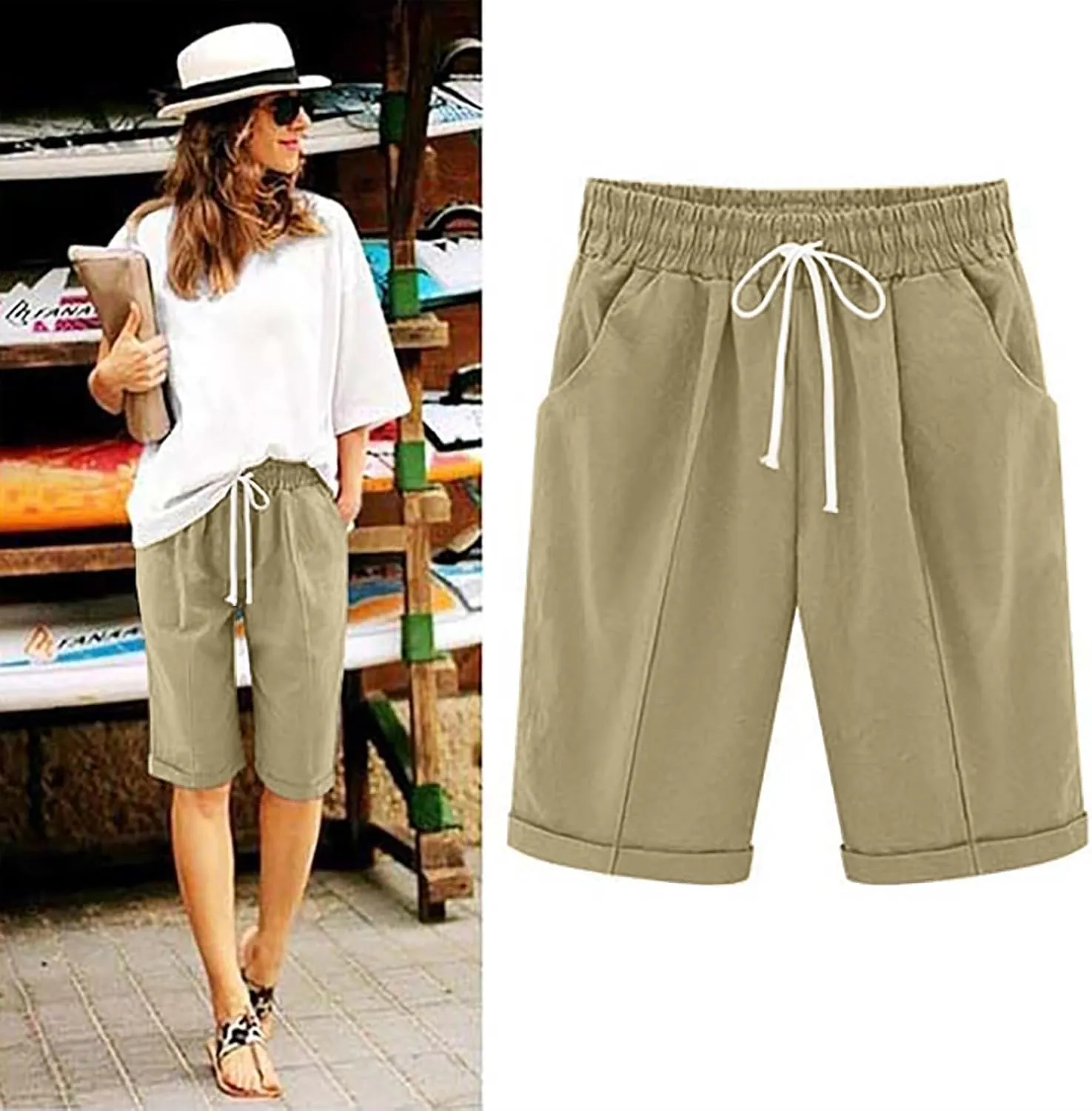 Womens Cotton Linen Bermuda Shorts Summer Lightweight Straight Leg Knee Length Beach Short Pants with Drawstring
