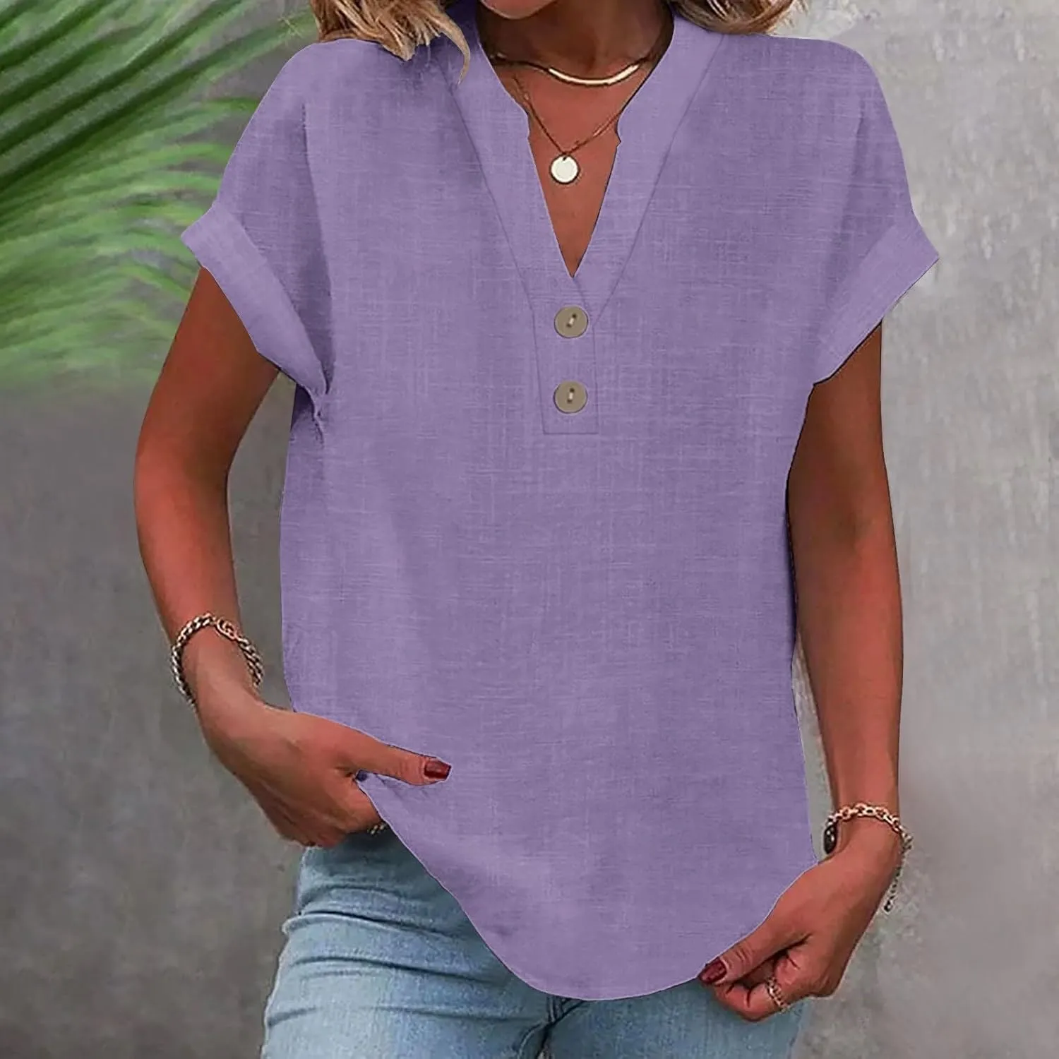 Womens Cotton Linen Blouse Short Sleeve Button V Neck Henley Shirts Lightweight Loose Fit Comfy Casual Summer T Shirt