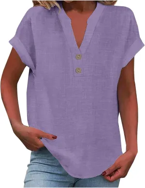 Womens Cotton Linen Blouse Short Sleeve Button V Neck Henley Shirts Lightweight Loose Fit Comfy Casual Summer T Shirt