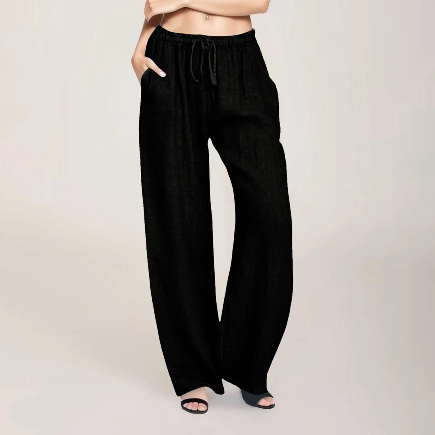 Women's Cotton Linen Summer Cropped Pants Elastic Waist Wide Leg Loose Fit Palazzo Pants Travel