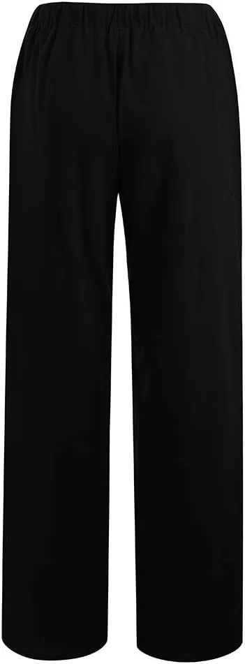 Women's Cotton Linen Summer Cropped Pants Elastic Waist Wide Leg Loose Fit Palazzo Pants Travel