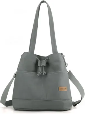 Women's Drawstring Canvas Tote Handbag - Large Shoulder & Crossbody Bag with Top Handle