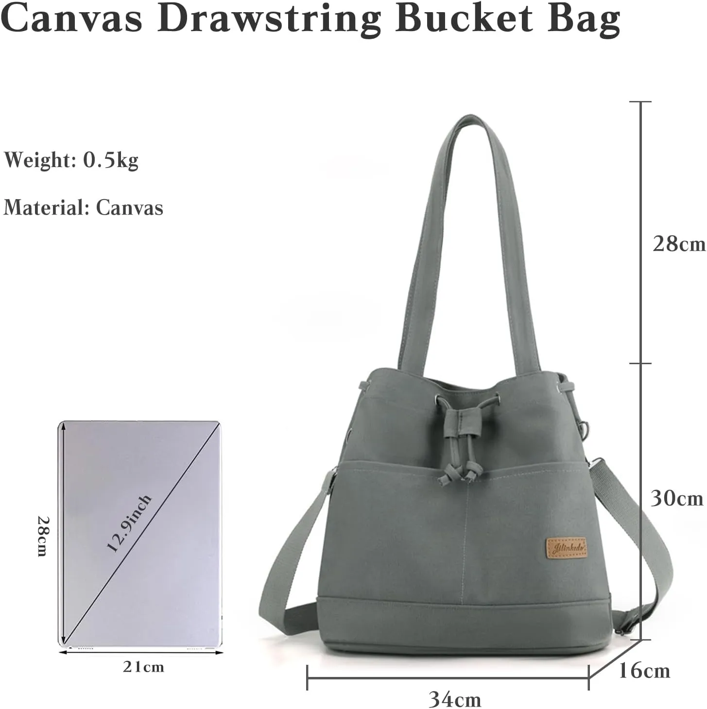 Women's Drawstring Canvas Tote Handbag - Large Shoulder & Crossbody Bag with Top Handle