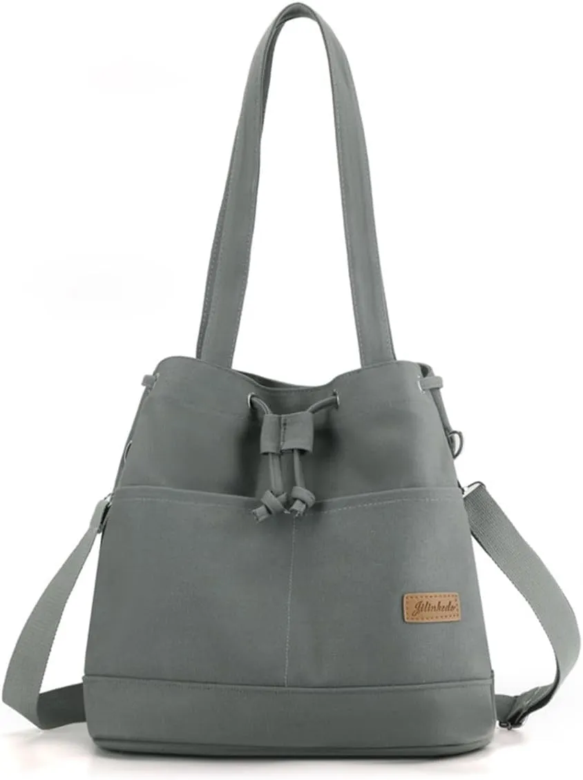 Women's Drawstring Canvas Tote Handbag - Large Shoulder & Crossbody Bag with Top Handle