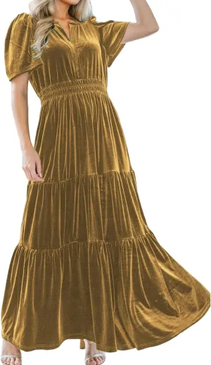 Women's Fall Winter Vintage Velvet Dress Short Sleeve V Neck Elastic Waist Tiered Ruffle A-Line Flowy Maxi Dress 2024