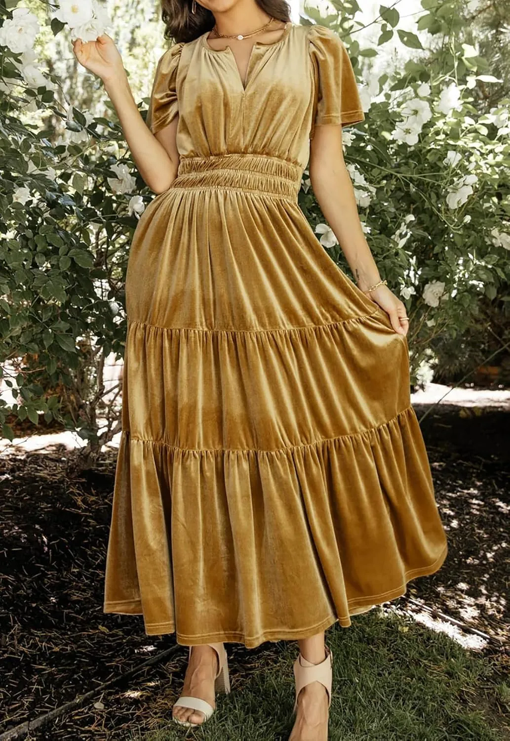 Women's Fall Winter Vintage Velvet Dress Short Sleeve V Neck Elastic Waist Tiered Ruffle A-Line Flowy Maxi Dress 2024