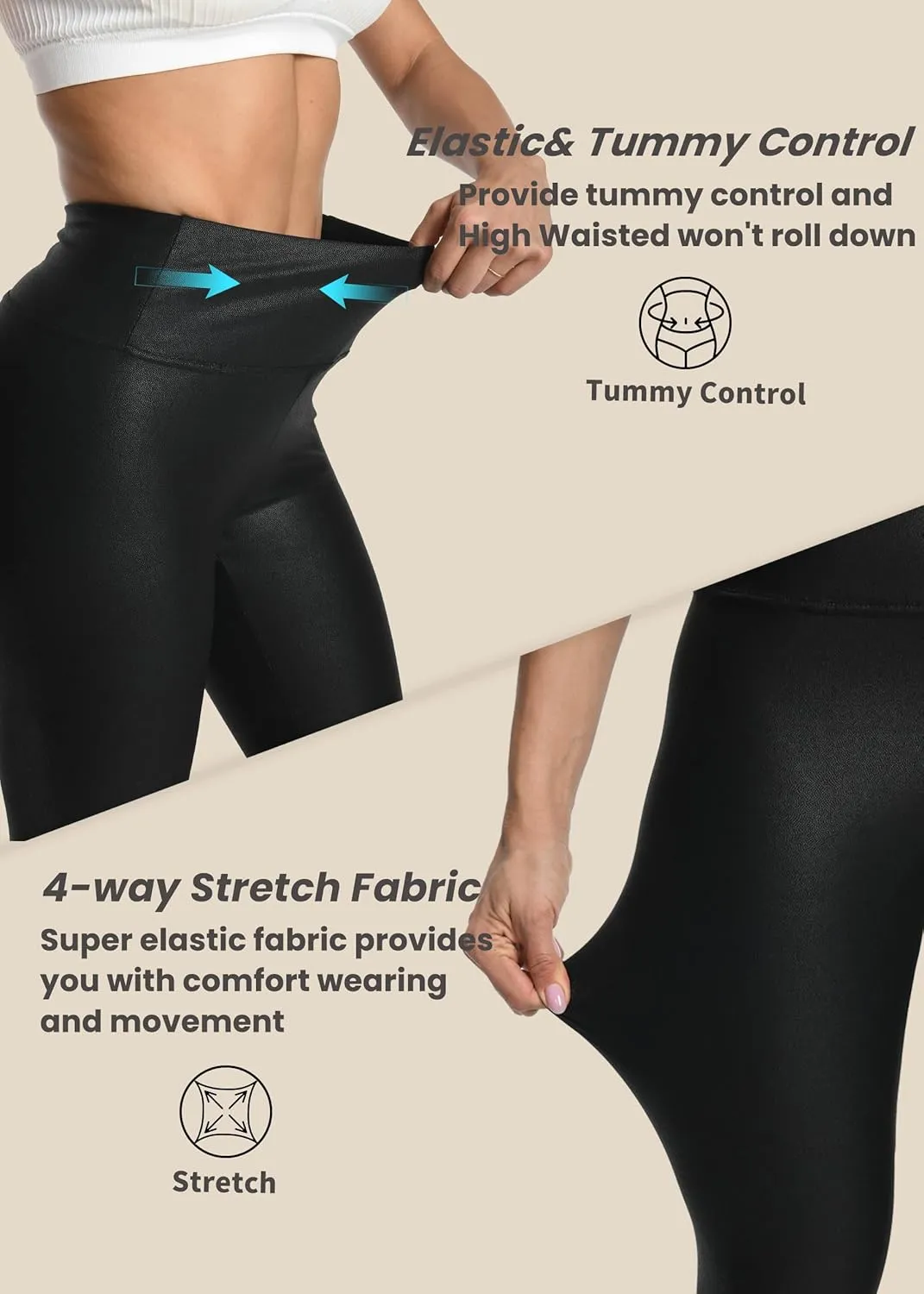 Womens Faux Leather Leggings - High Waisted Black Leather Pants Sexy Tummy Control Stretch Comfy Pleather Tights
