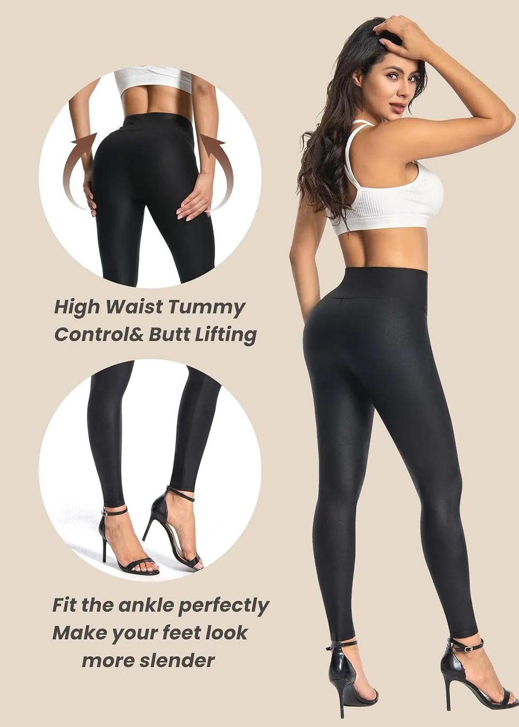 Womens Faux Leather Leggings - High Waisted Black Leather Pants Sexy Tummy Control Stretch Comfy Pleather Tights