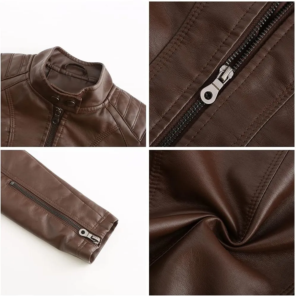 Women's Faux Leather Motorcycle Jacket PU Slim Short Biker Coat Fitted Slim Outwear with Zipper Pockets