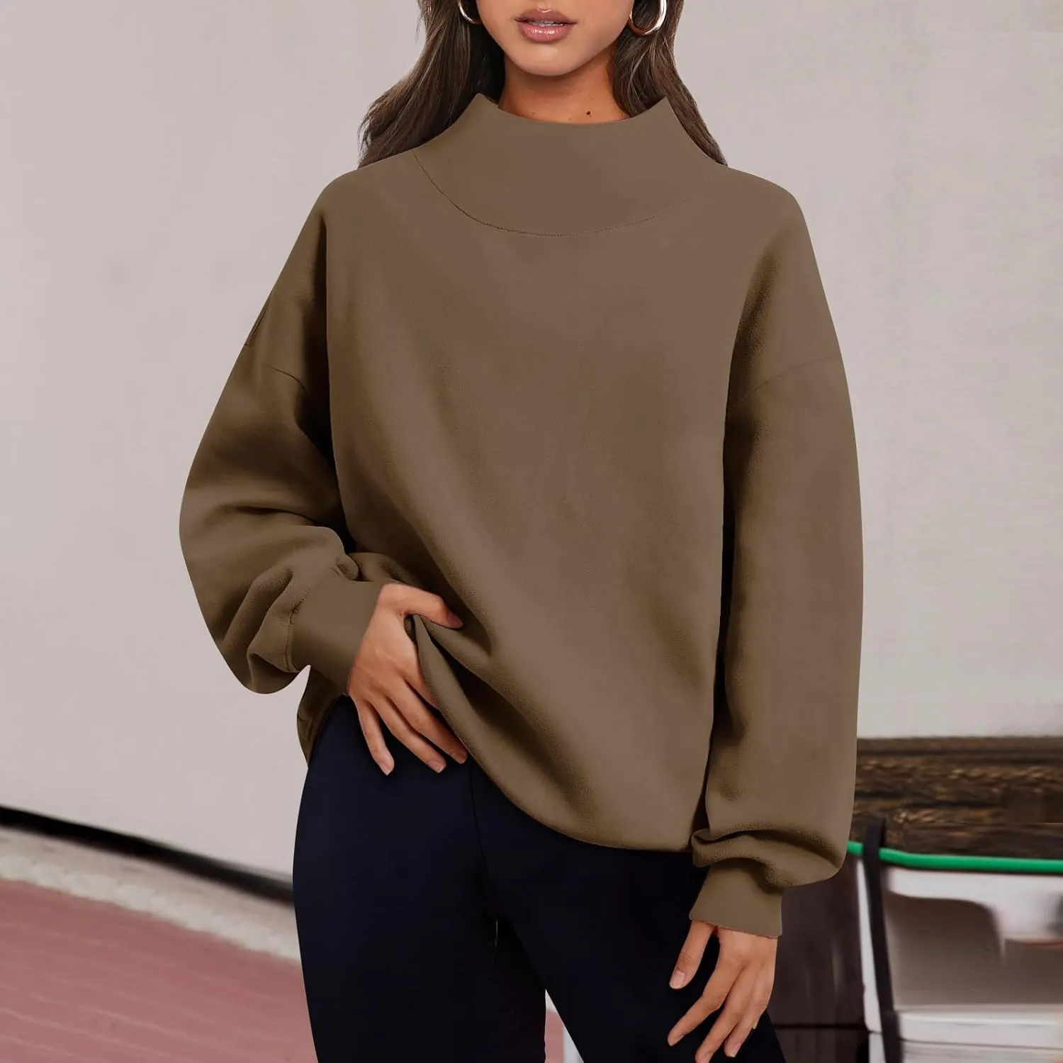 Women's French Terry Sweatshirt Fashion Solid Color Long Sleeve Loose Slit Half Turtleneck Sweatshirt Top, S-3XL
