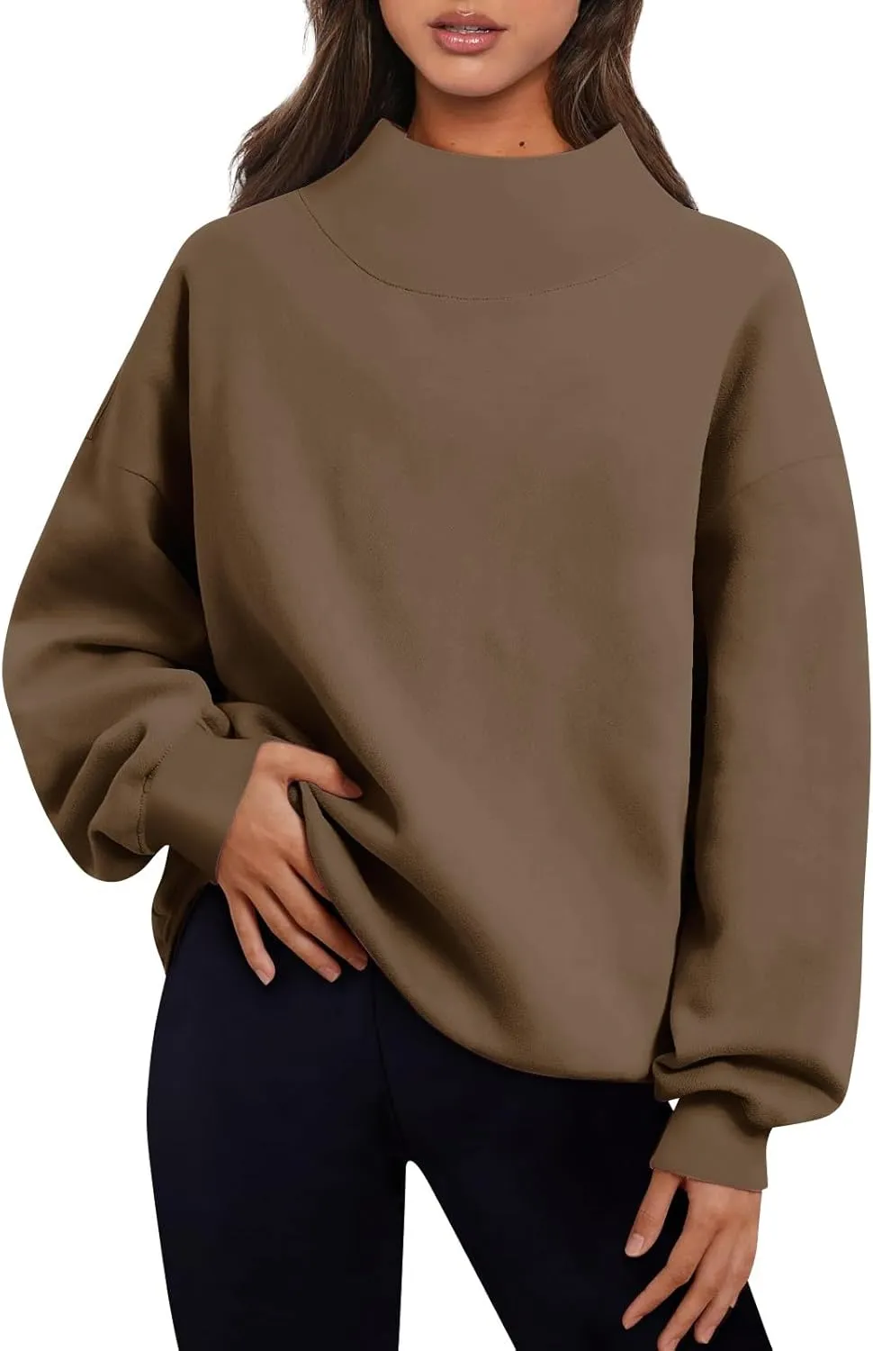 Women's French Terry Sweatshirt Fashion Solid Color Long Sleeve Loose Slit Half Turtleneck Sweatshirt Top, S-3XL