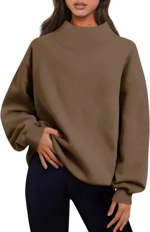 Women's French Terry Sweatshirt Fashion Solid Color Long Sleeve Loose Slit Half Turtleneck Sweatshirt Top, S-3XL