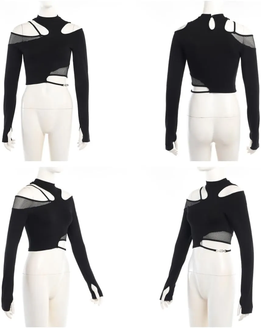 Women's Gothic T-Shirt Goth Crop Top Y2k Streetwear Long Sleeve Tops Rave Shirts