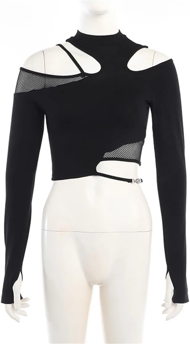 Women's Gothic T-Shirt Goth Crop Top Y2k Streetwear Long Sleeve Tops Rave Shirts