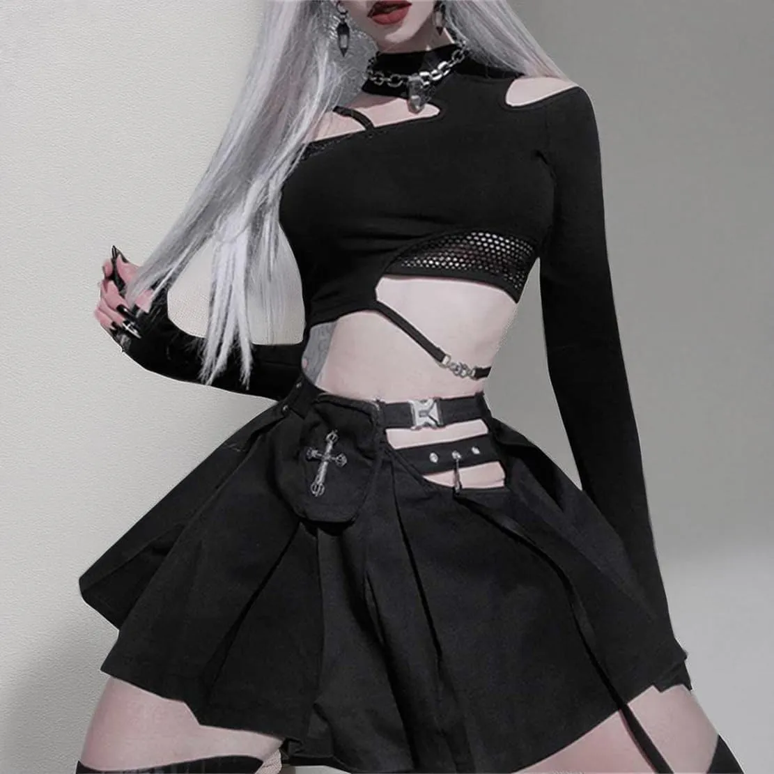 Women's Gothic T-Shirt Goth Crop Top Y2k Streetwear Long Sleeve Tops Rave Shirts