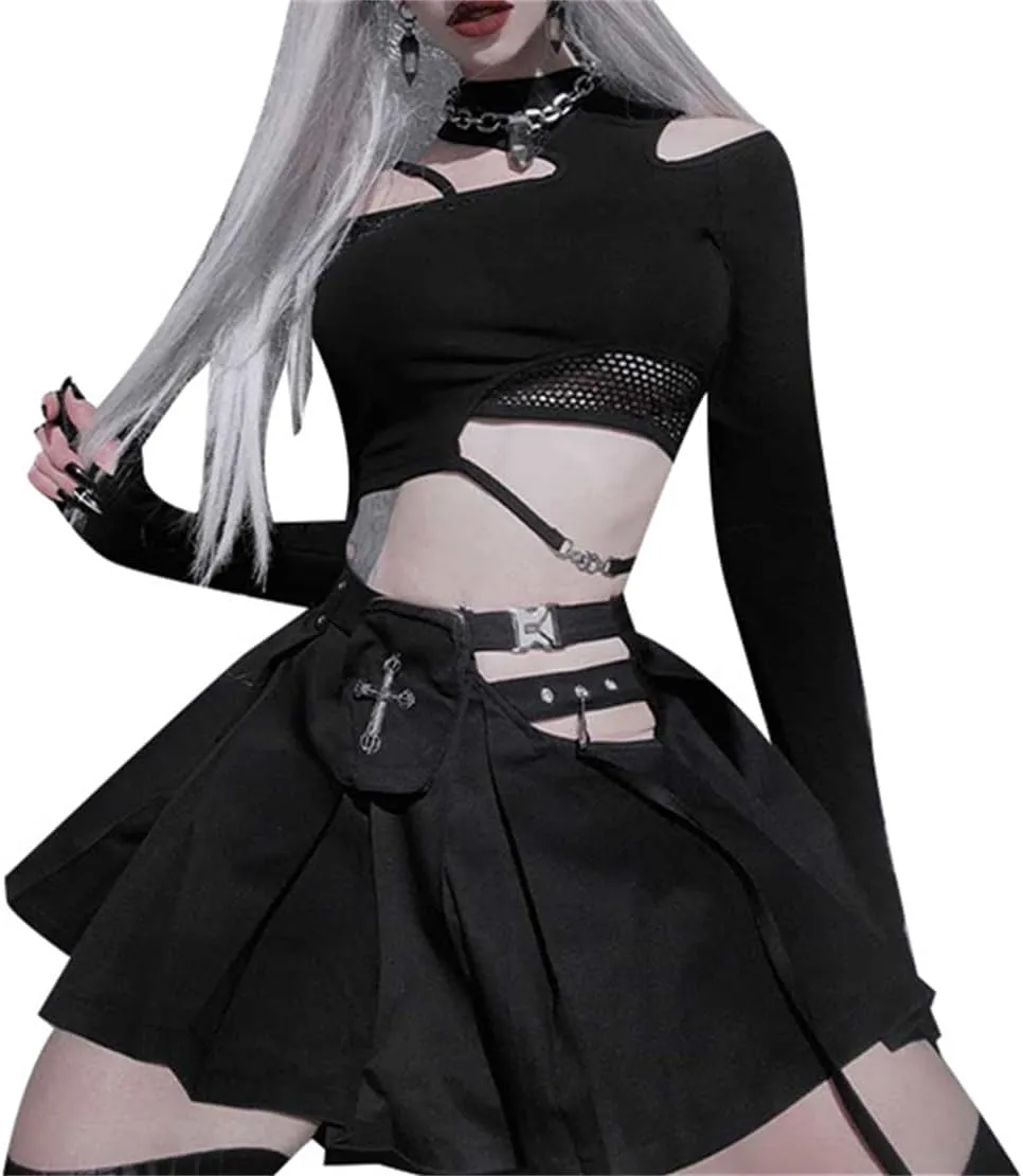 Women's Gothic T-Shirt Goth Crop Top Y2k Streetwear Long Sleeve Tops Rave Shirts