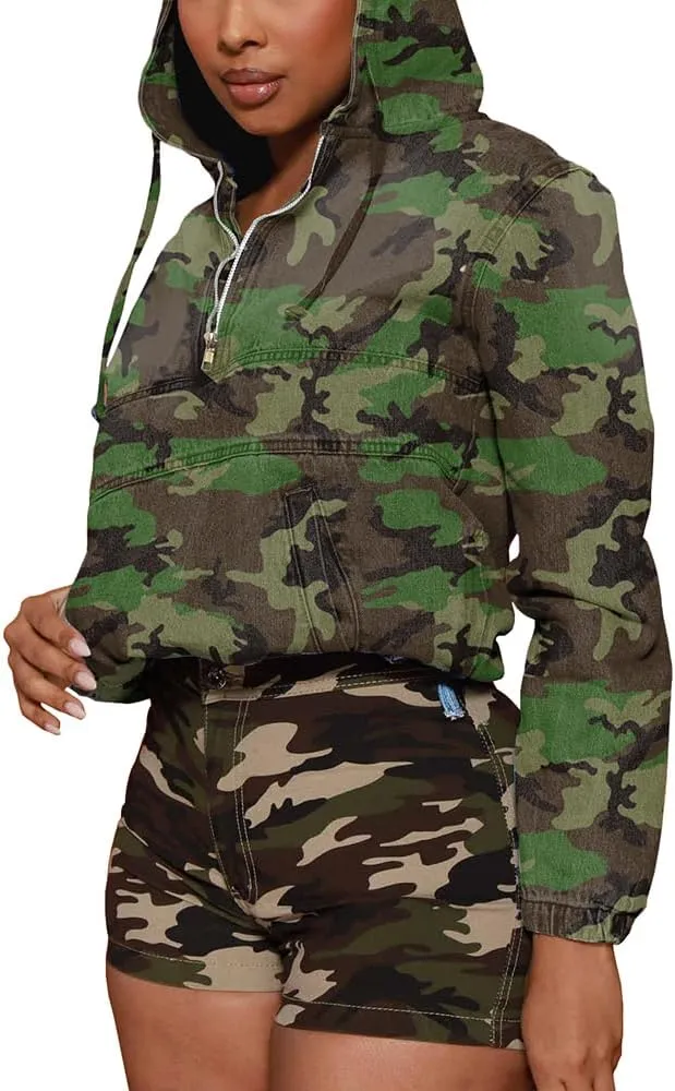 Women's Half Zip Denim Hoodie Pullover Jacket Jean Tops