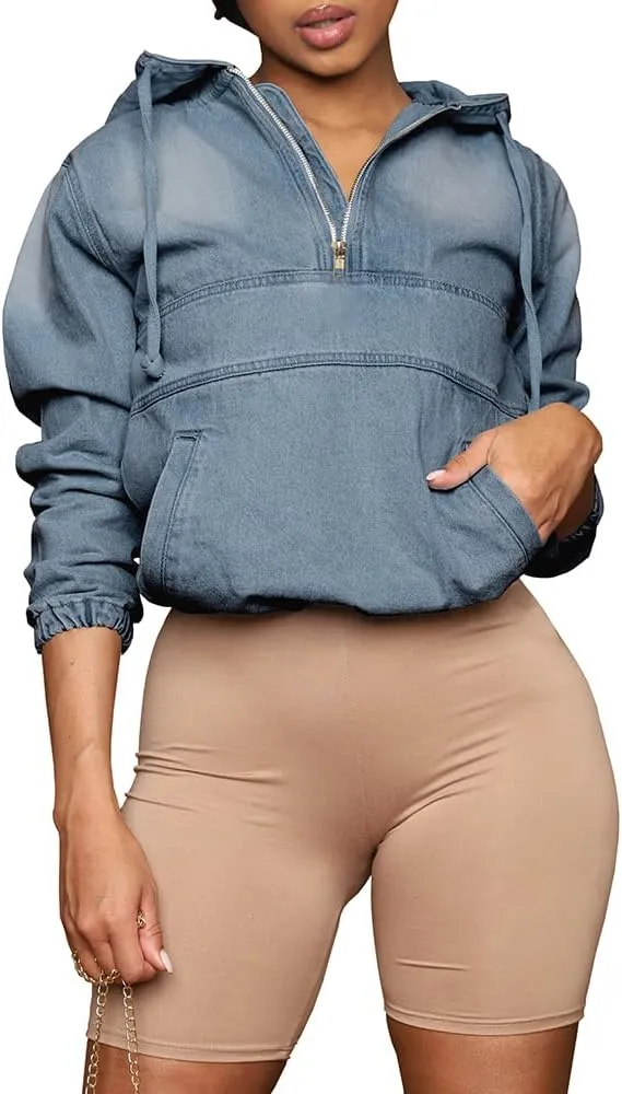 Women's Half Zip Denim Hoodie Pullover Jacket Jean Tops