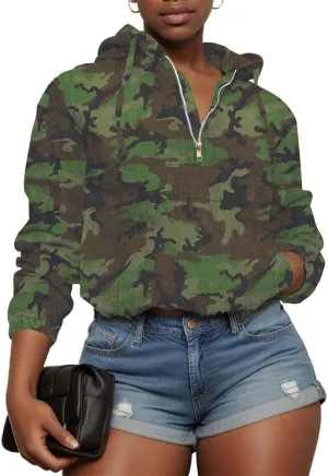 Women's Half Zip Denim Hoodie Pullover Jacket Jean Tops