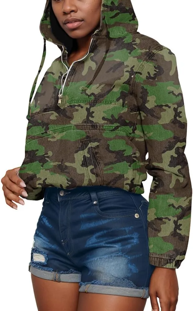 Women's Half Zip Denim Hoodie Pullover Jacket Jean Tops