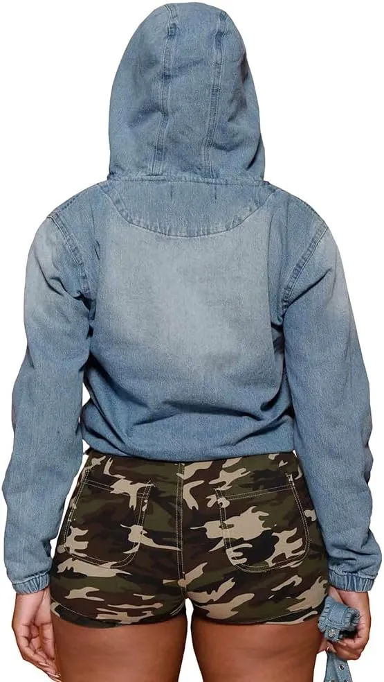 Women's Half Zip Denim Hoodie Pullover Jacket Jean Tops