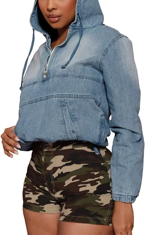 Women's Half Zip Denim Hoodie Pullover Jacket Jean Tops