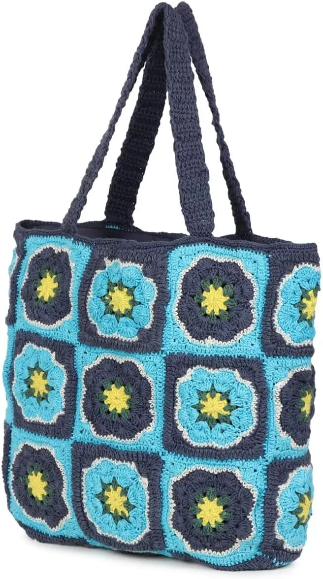 Women's Handmade Cotton Tote Bag – Bohemian Shoulder Bag, Spacious Hand-Crochet Vintage Knitted Shopping Bag