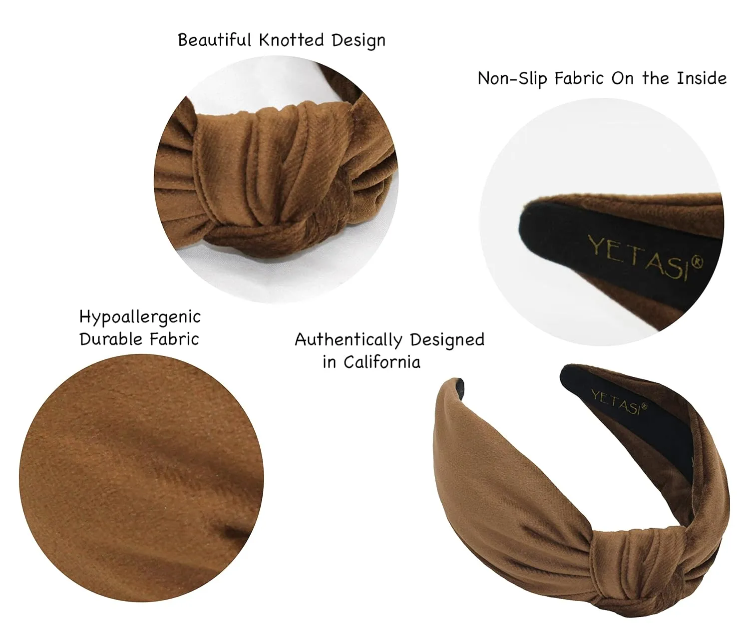 Women's Headbands: Brown Velvet Chic Knotted Top Knot, Trendy Fashion Designer Head Band