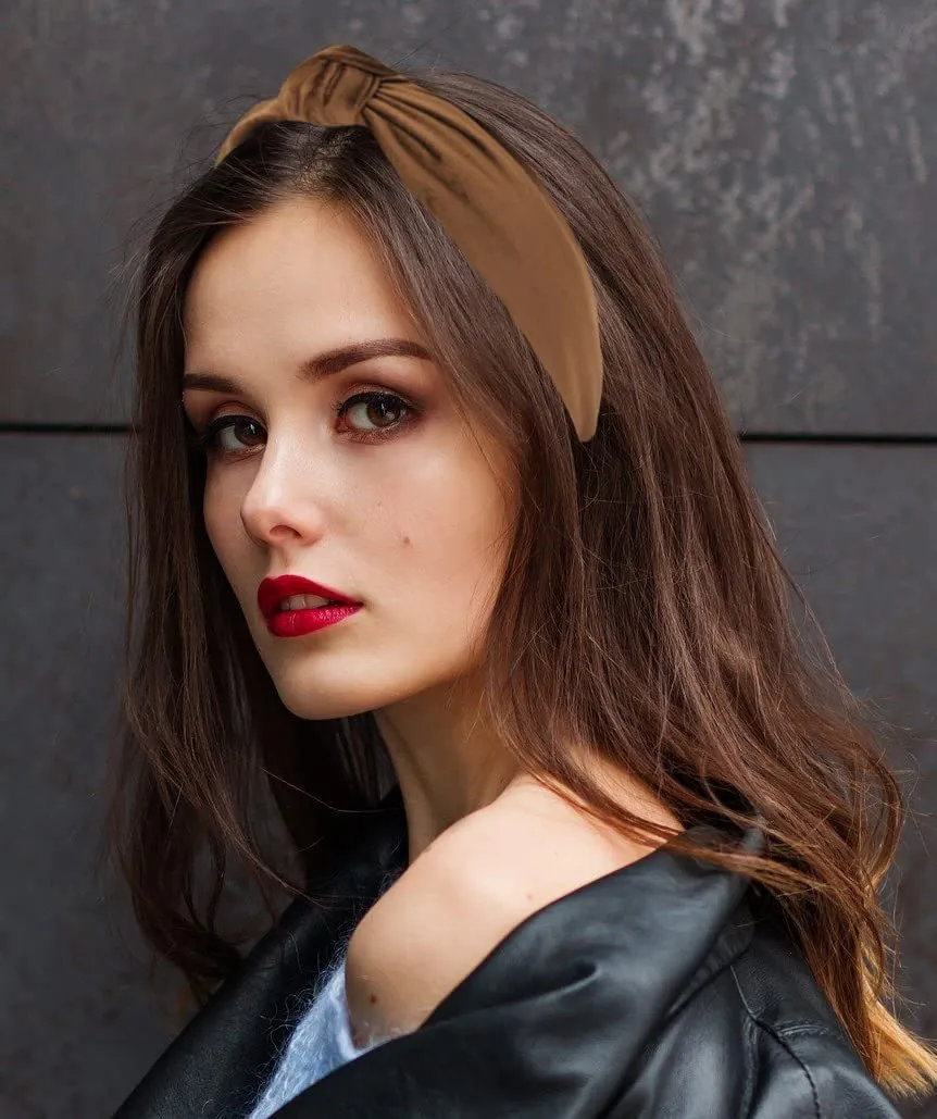 Women's Headbands: Brown Velvet Chic Knotted Top Knot, Trendy Fashion Designer Head Band