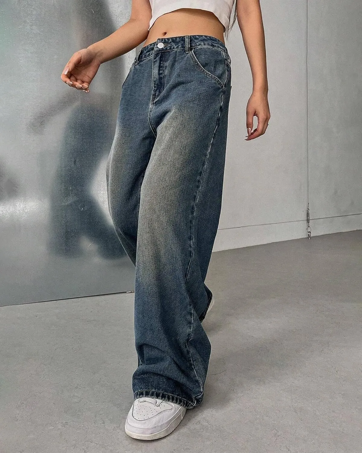 Women's High Waist Baggy Jeans 90s Grunge Boyfriend Wide Leg Denim | Y2K Vintage Loose Fit in Medium/Retro Dark Blue Wash