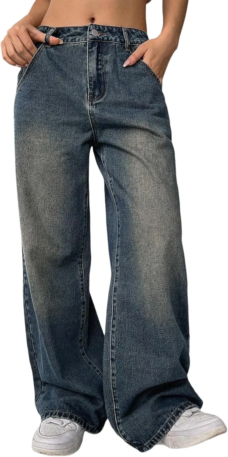 Women's High Waist Baggy Jeans 90s Grunge Boyfriend Wide Leg Denim | Y2K Vintage Loose Fit in Medium/Retro Dark Blue Wash