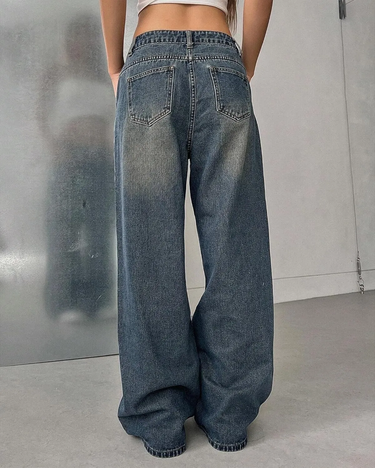 Women's High Waist Baggy Jeans 90s Grunge Boyfriend Wide Leg Denim | Y2K Vintage Loose Fit in Medium/Retro Dark Blue Wash