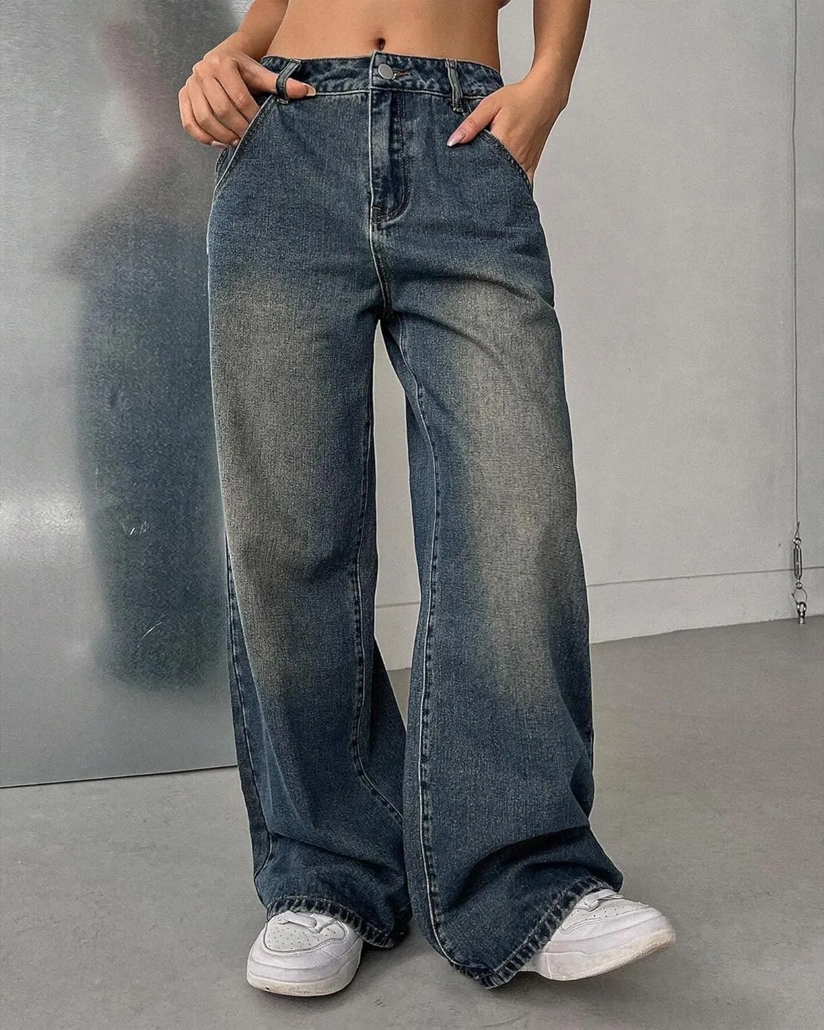 Women's High Waist Baggy Jeans 90s Grunge Boyfriend Wide Leg Denim | Y2K Vintage Loose Fit in Medium/Retro Dark Blue Wash