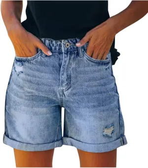 Women's High Waist Denim Shorts Raw Hem Jean Shorts Casual Summer Straight Wide Leg Pants for Women with Pockets