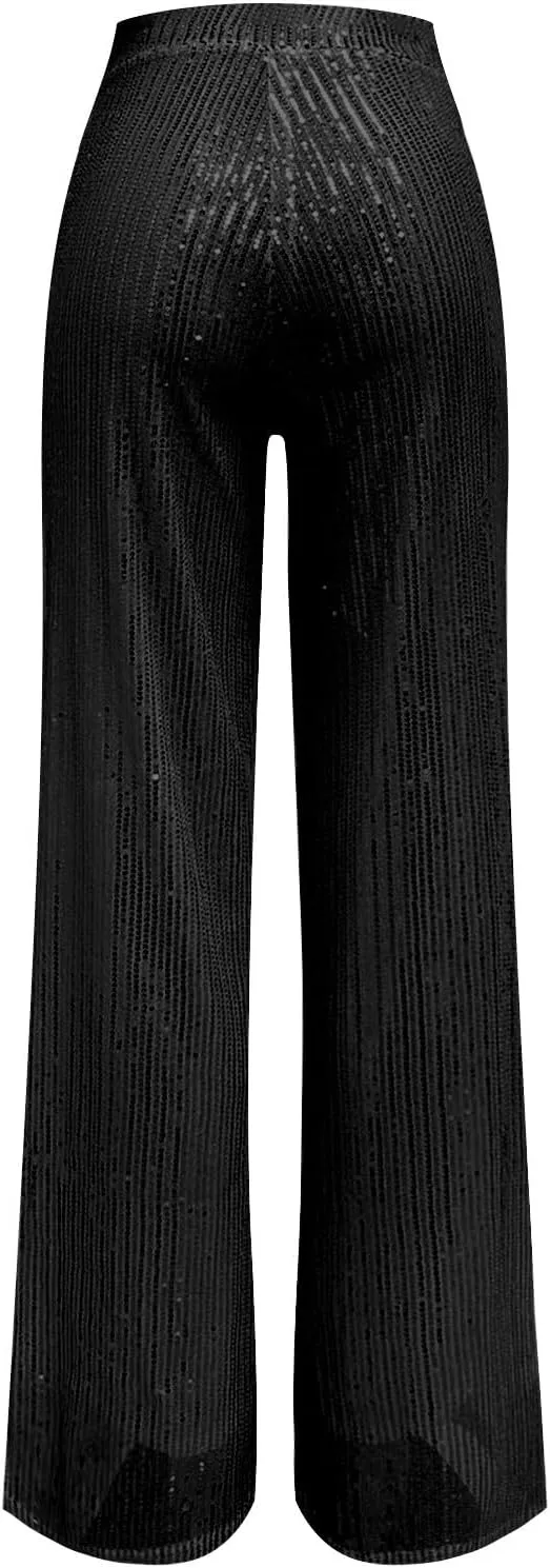 Women's High Waisted 80s Sparkle Sequin Pants Loose Drape Wide Leg Pants Women's Fashion Bling Glitter Dance Pants