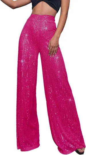 Women's High Waisted 80s Sparkle Sequin Pants Loose Drape Wide Leg Pants Women's Fashion Bling Glitter Dance Pants