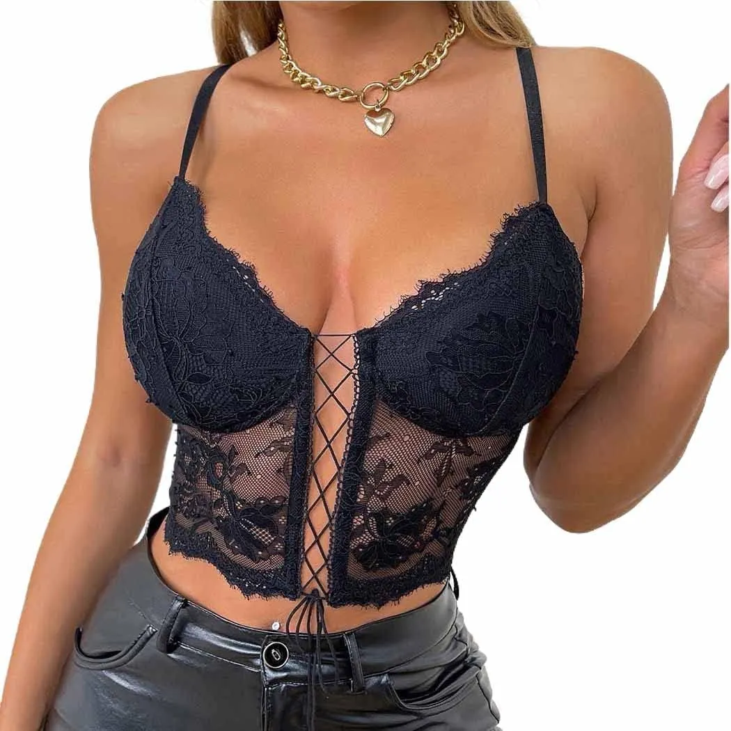 Women’s Lace Strap Corset Top Floral Sheer Mesh Corset Top Sleeveless Bustier Top Summer Fit Crop Top