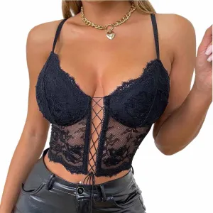 Women’s Lace Strap Corset Top Floral Sheer Mesh Corset Top Sleeveless Bustier Top Summer Fit Crop Top