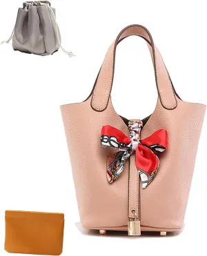Women's Leather Lock Design Bucket Bag Vegetable Basket, Fashion Lightweight Versatile Shoulder Handbag