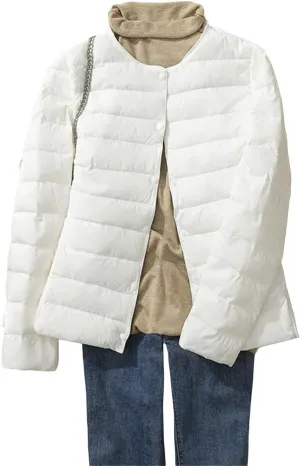 Womens Lightweight Puffer Jackets Fashion Collarless Button Down Jacket Packable Loose Winter Warm Down Coats