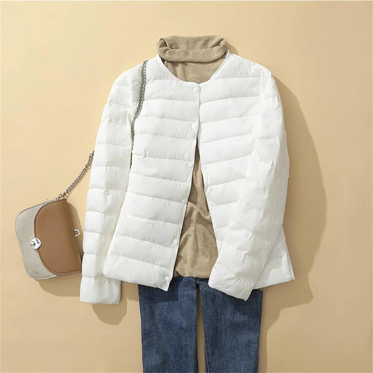 Womens Lightweight Puffer Jackets Fashion Collarless Button Down Jacket Packable Loose Winter Warm Down Coats
