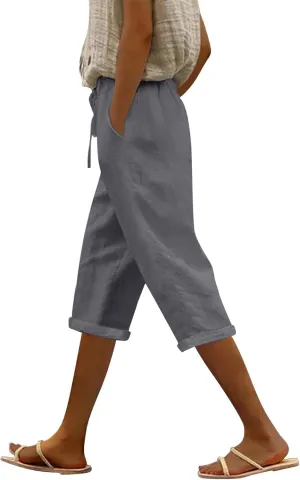 Women's Linen Capri Pants Cotton Linen Elastic Seven Pants Beach Casual Pants Linen Lightweight Loose Trousers Linen