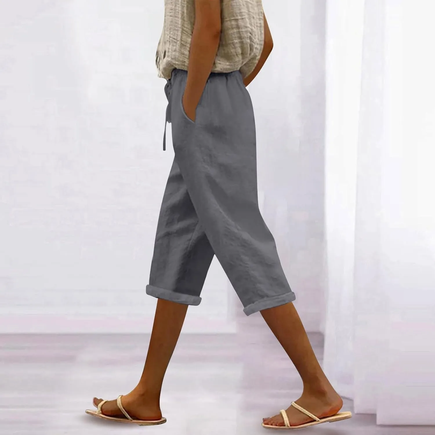Women's Linen Capri Pants Cotton Linen Elastic Seven Pants Beach Casual Pants Linen Lightweight Loose Trousers Linen
