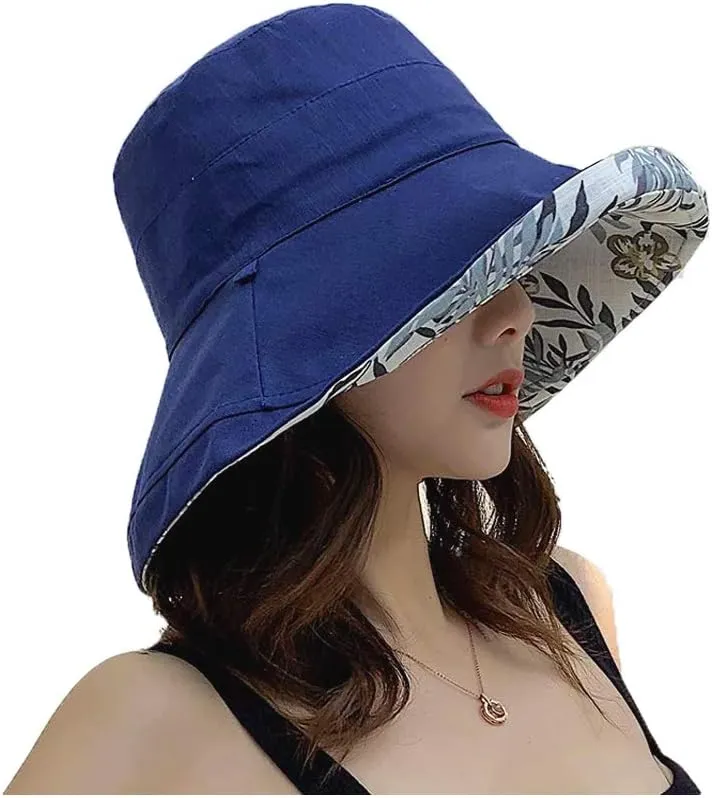 Women's Linen Cotton UPF 50  Sun Hat Reversible Bucket Hat with Wide Fold-Up Brim and Chin Strap